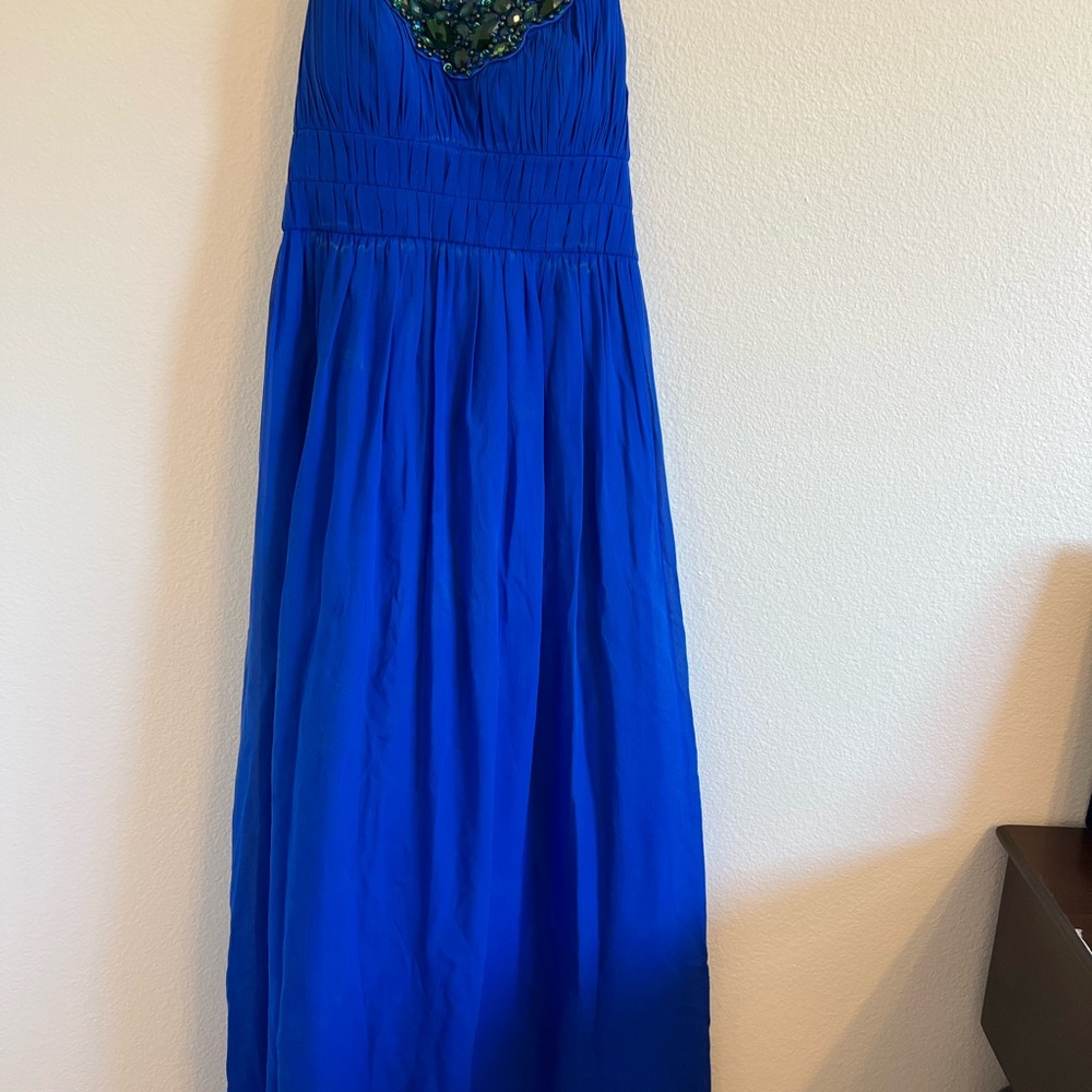 Blue Maxi Dress with Embellished Neckline